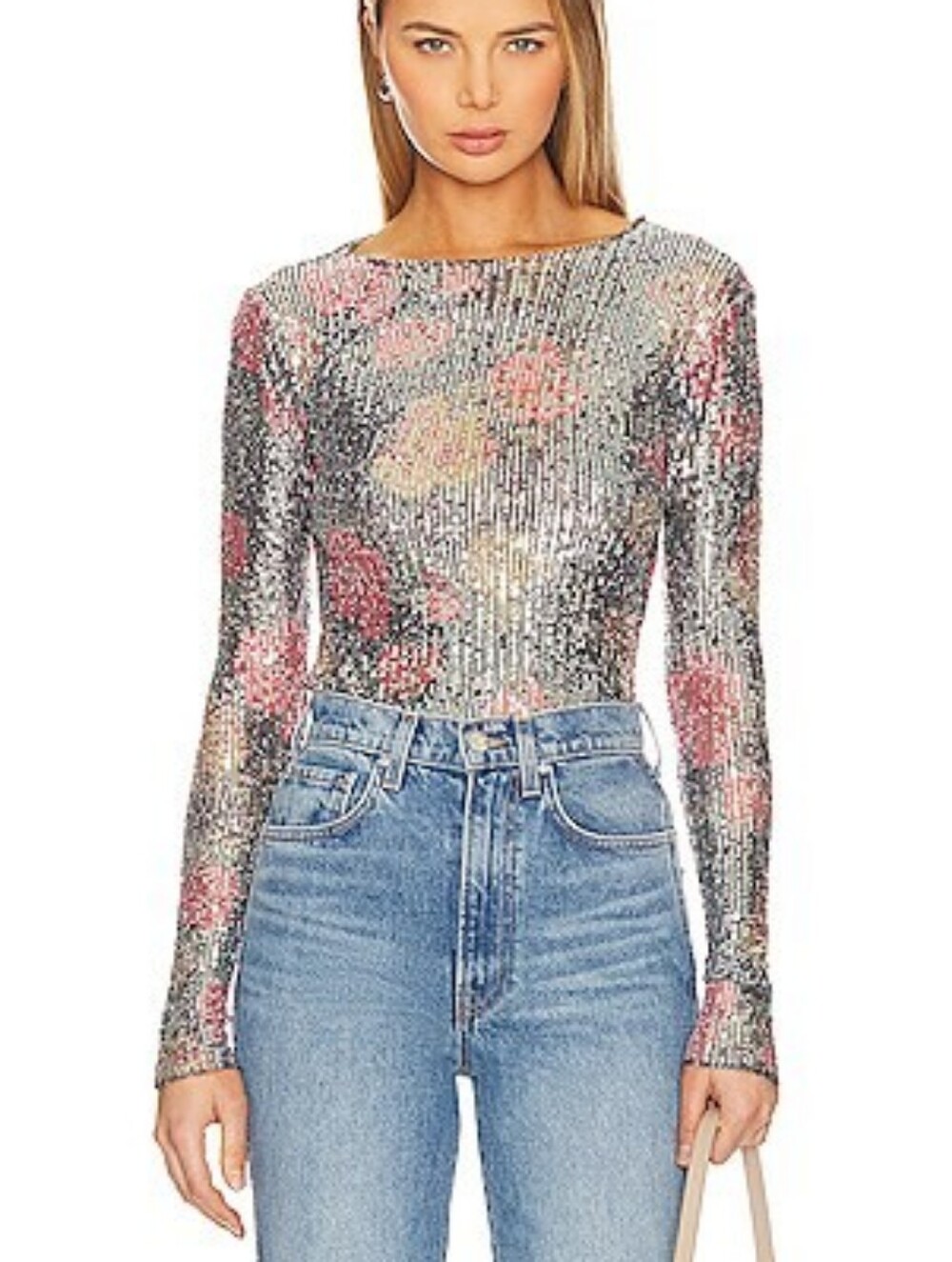 Free People - Floral Sequin Long-Sleeve Top - Silver & Pink - Small